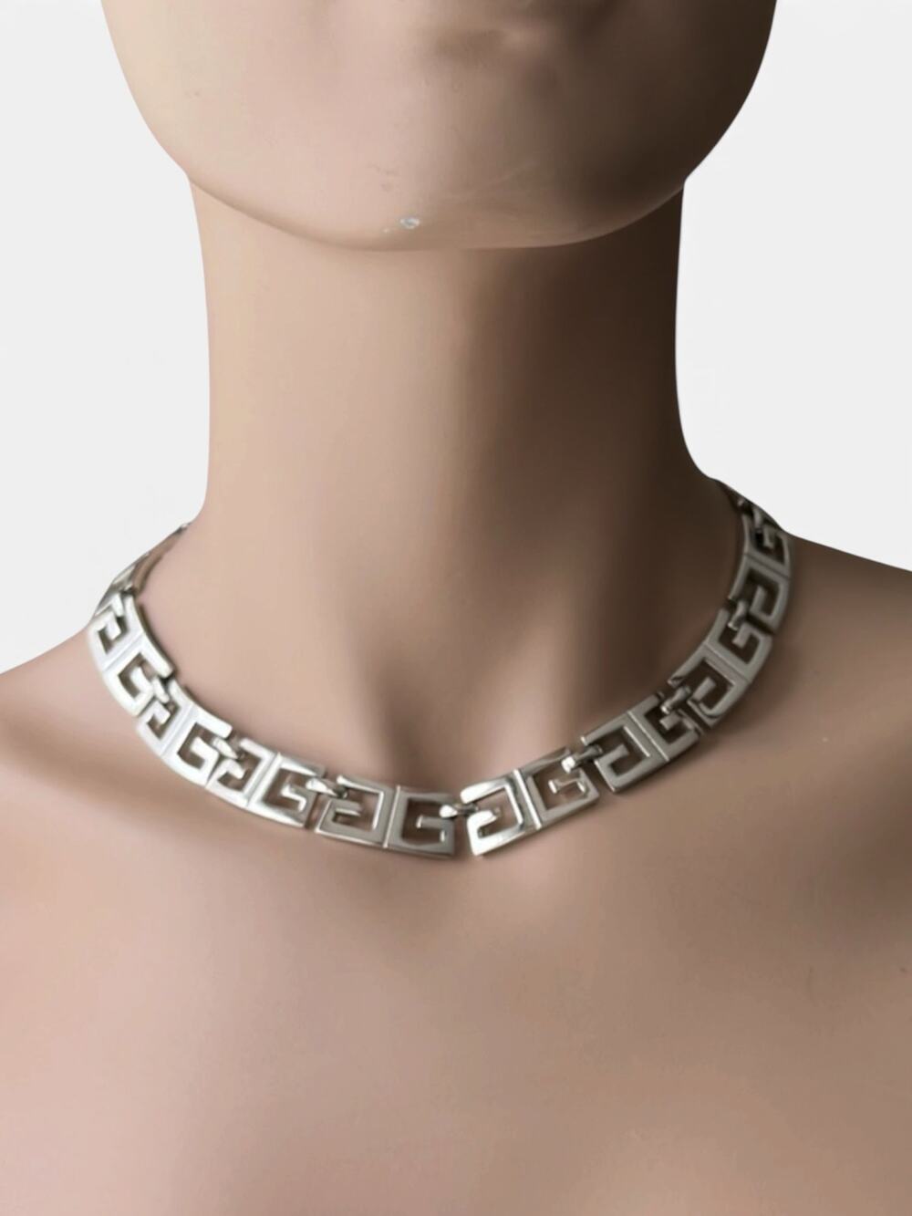 Vintage Givenchy 1978 Greek Key G Link Silver Plated Necklace Paris New York